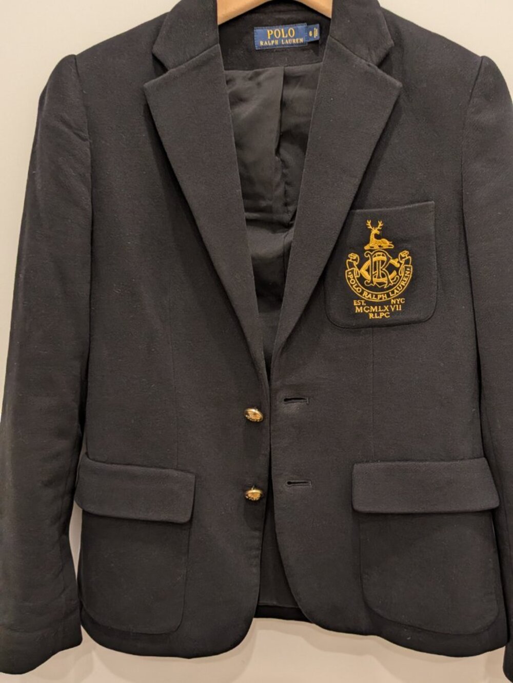 Polo Ralph Lauren Custom-Fit Fleece Crest Blazer Polo Black Gold Buttons Size 6
